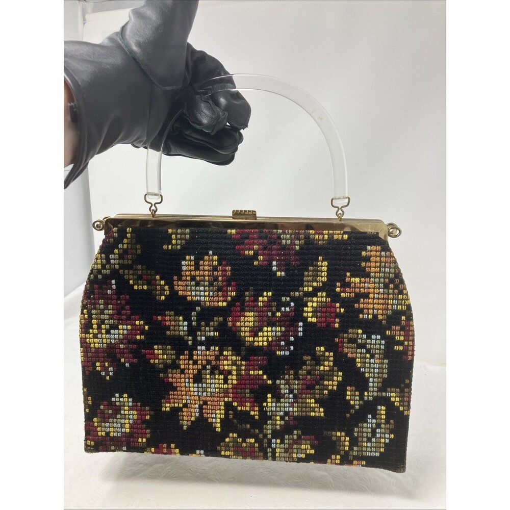 Vtg Floral Needlepoint Tapestry Bag Purse Carpetbag Lucite Handle Clasp ~12x9"